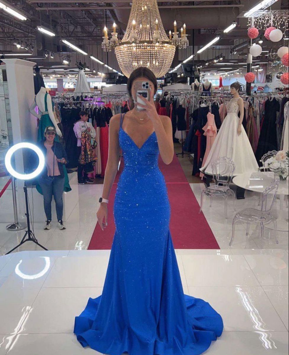 Gorgeous Electric Royal Blue Mermaid V-Neck Prom Dress Spaghetti-Straps Formal Party Gowns AB1819