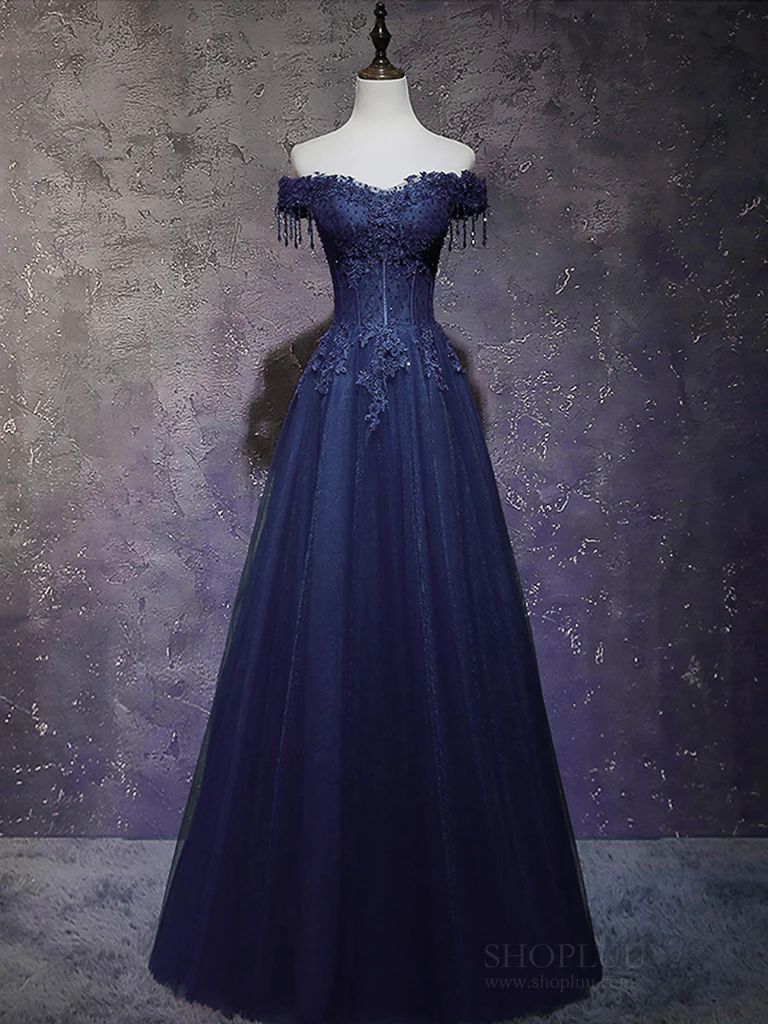 A-Line Off Shoulder Tulle Lace Dark Blue Long Formal Prom Dress Formal Dress AB1828