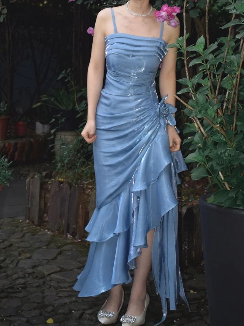 Blue Vintage Floral Elegant Dress Asymmetrical Hem Prom Gown Prom Dress AB1834