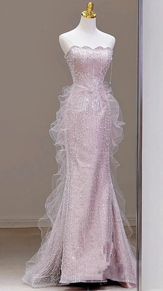 Modest Mermaid Strapless Pink Sequins Prom Dresses Inspiration Long Party Night Evening Dress 18th Birthday Outfits AB2356