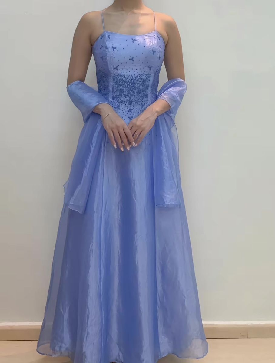 Classy A line Spaghetti Strap Blue With Beading Scarf Sleeveless Long Formal Dress Gown Prom Dresses N2539