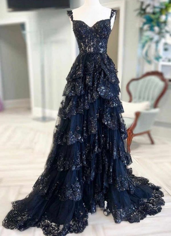 Off-the-shoulder Bustier Tiered Ball Gown Prom Dress With Lace-up AB1835