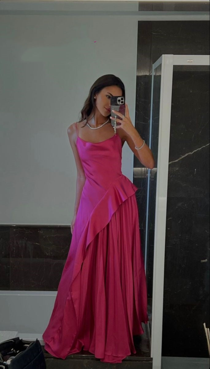 A line Spaghetti Strap Hot Pink Long Formal Dress Gown Party Gowns Prom Dresses N2391