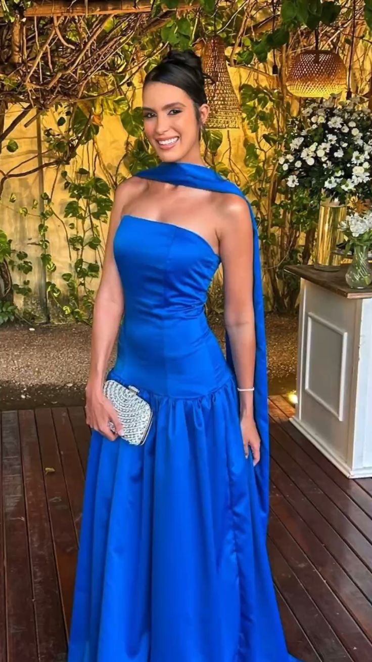 Simple A Line Prom Dress Strapless Evening Dress Royal Blue Prom Dress With Scarf For Teenagers High Schools AB1933