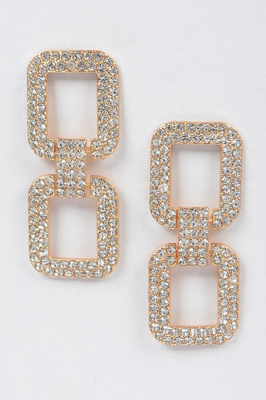 Rhinestone Double Square Earrings - Gold