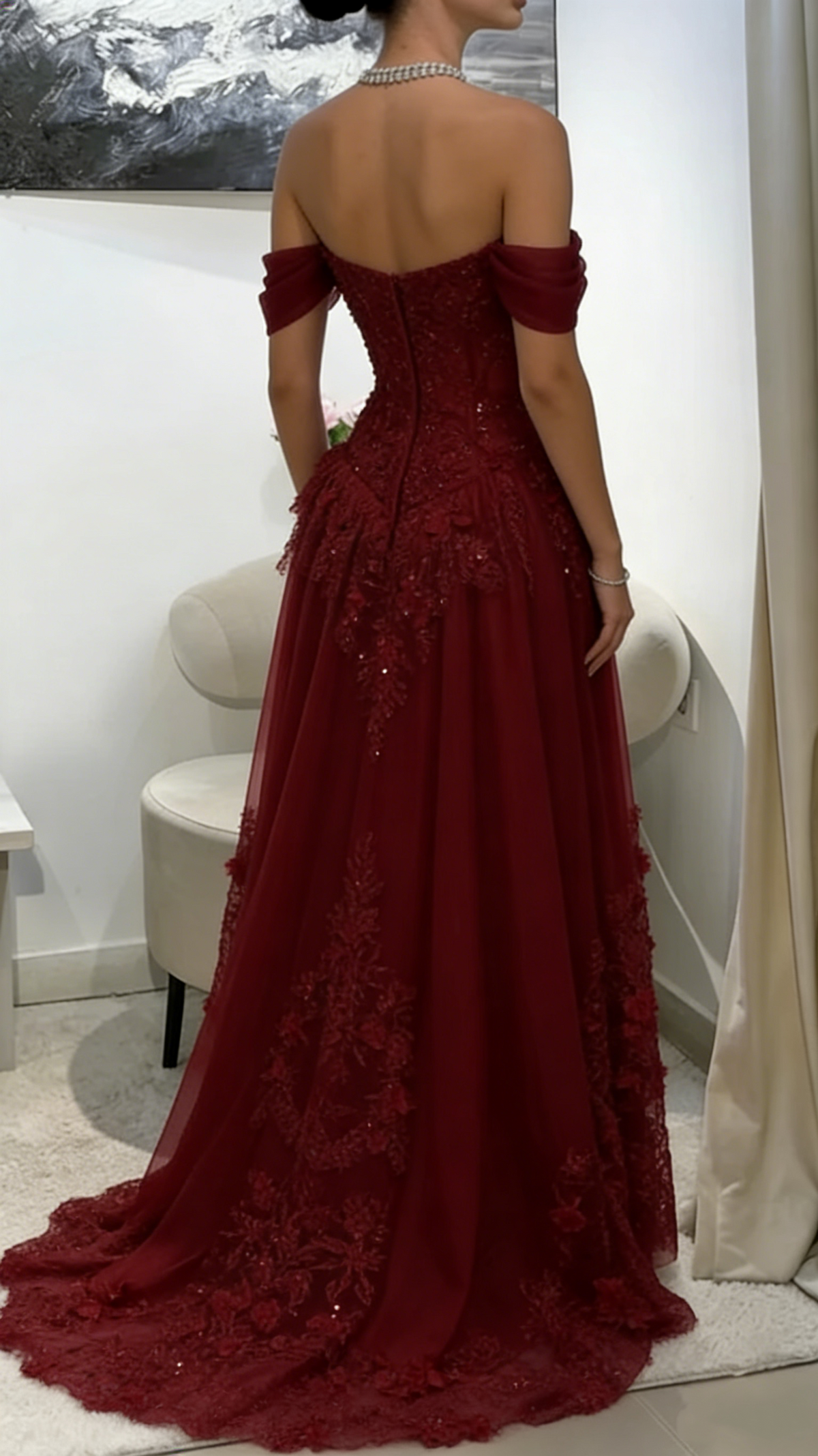 Off-Shoulder Appliques Tulle A-Line Corset Prom Dress N1506