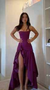 Classy High Low Strapless Grape Satin Slit Prom Dresses Party Dress Long Evening Dresses AB2148