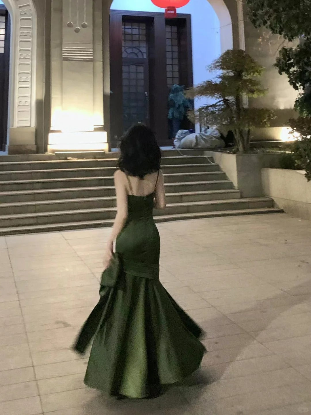 Stunning Mermaid Spaghetti Strap Green Satin With Pleated Formal Dress Long Prom Dresses N2822