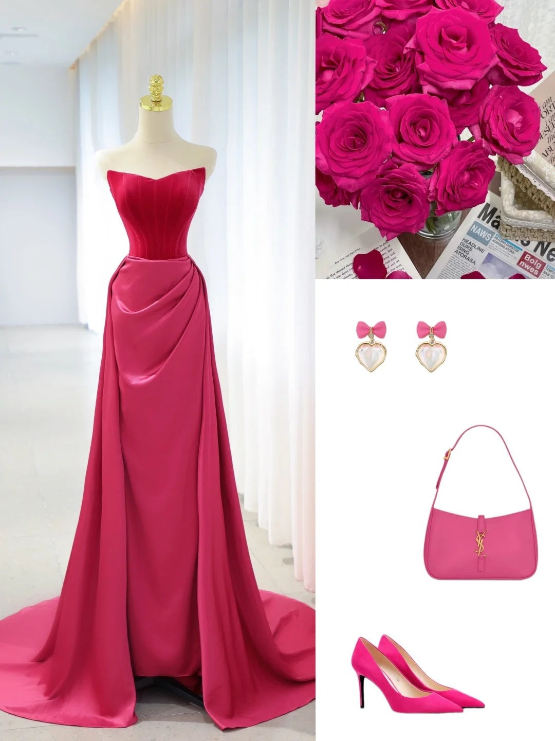 Beautiful Prom Dresses Mermaid Strapless Hot Pink Satin With Folded Long Formal Gown N2934