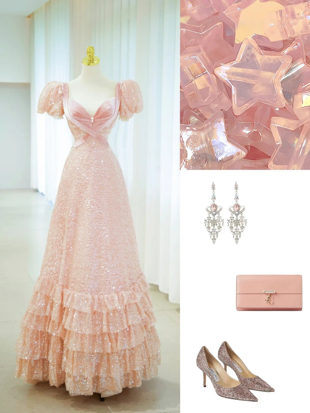 Sweet Ball Gown Sweetheart Short Sleeves Pink Sequined Long Formal Dress Birthday Prom Dresses N2855