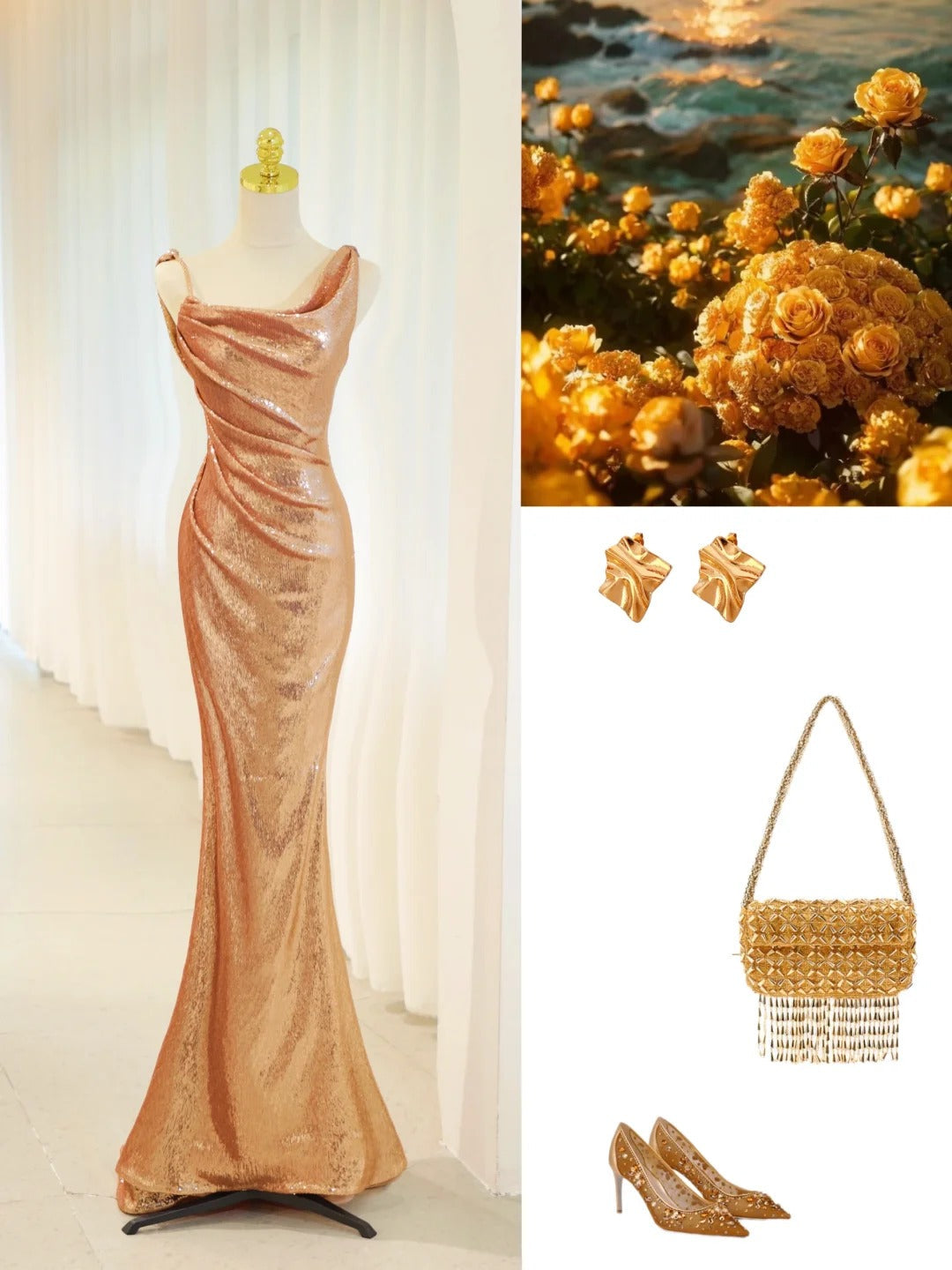 Beautiful Prom Dresses Mermaid Gold Sequined With Folded Long Formal Gown N2935