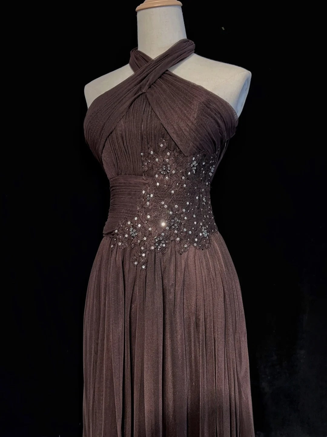 Vintage Prom Dresses Inspo A Line Halter Chocolate Chiffon Long 1990s With Beading Formal Gowns N3339