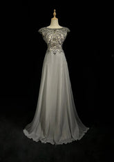 Vintage Prom Dresses 80s A Line Scoop Grey Sleeveless Chiffon With Beading Semi Formal Evening Outfits N3615