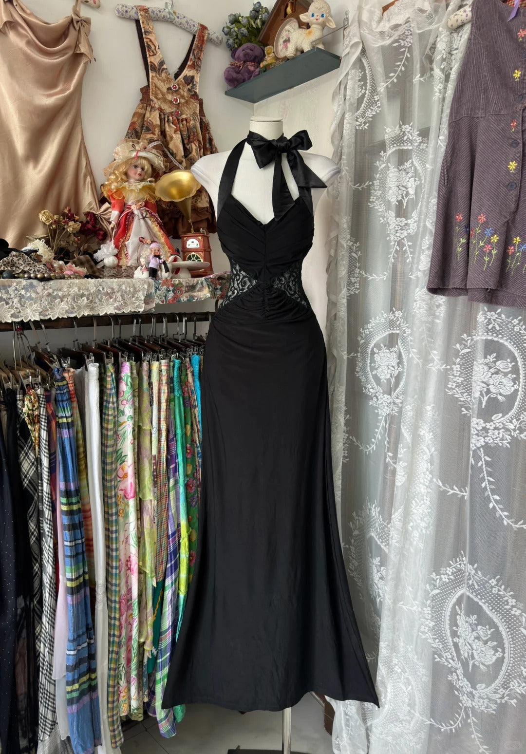 Vintage Mermaid Halter Black Chiffon Long Evening Gowns Formal Birthday Party Prom Dresses N1733