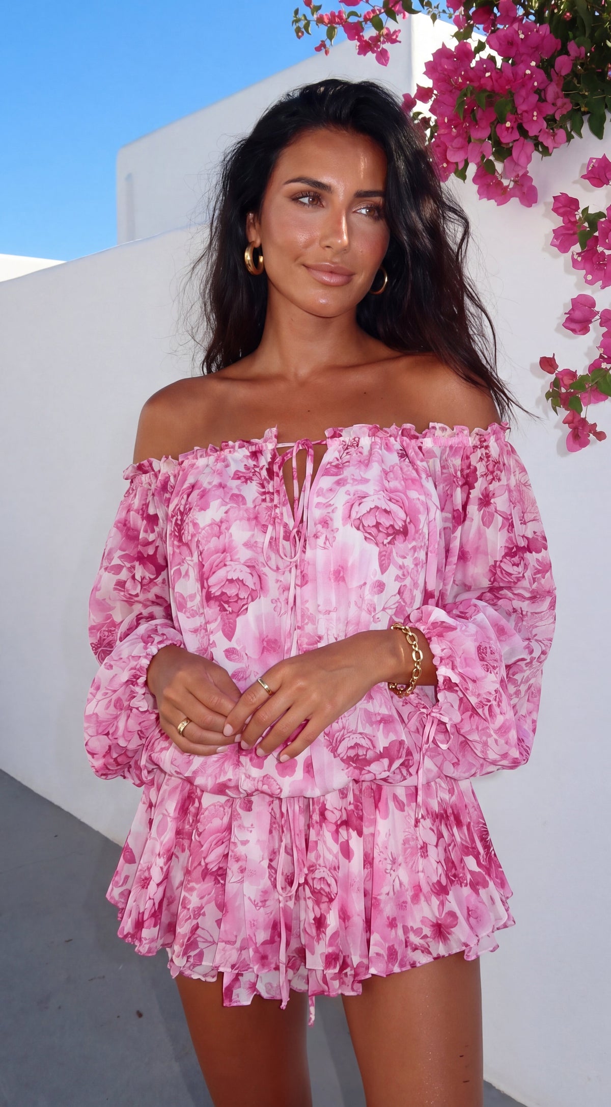 Romanella Peony Floral Off-Shoulder Mini Dress - Pink