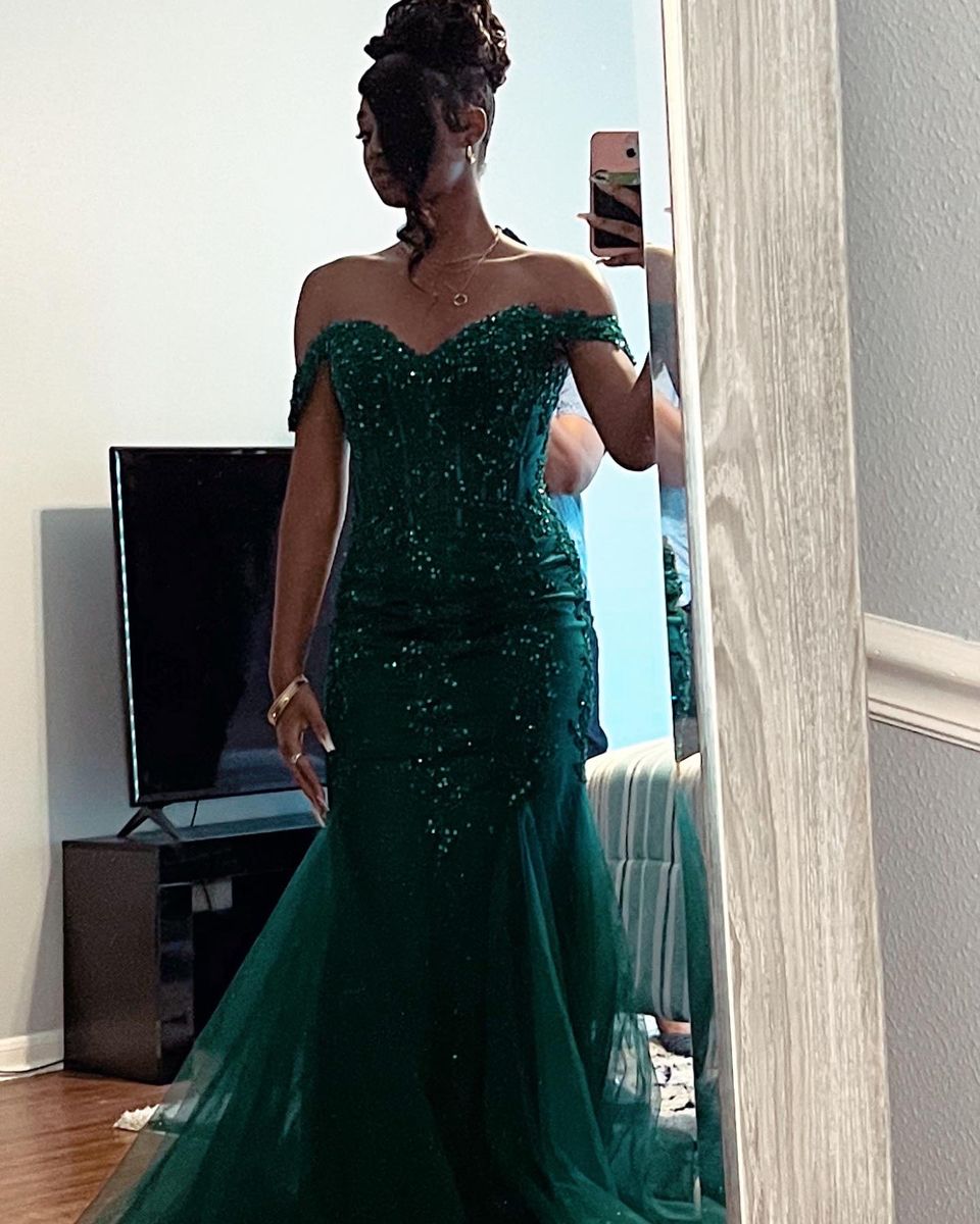 Glitter Mermaid Off The Shoulder Dark Green Tulle Long Formal Fancy Prom Evening Dress Dinner Outfits Party Gowns For Teens AB2194