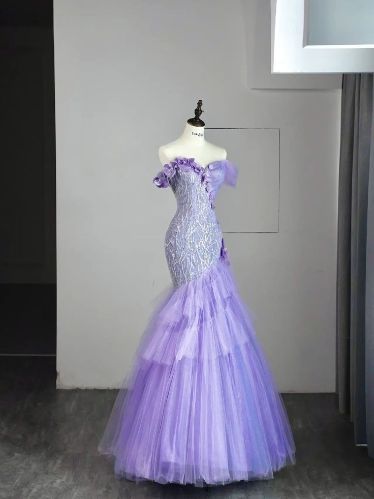 Chic Mermaid Off The Shoulder Lilac Tulle Long Formal Fancy Prom Evening Dress Dinner Outfits Party Gowns For Teens Girls AB2164