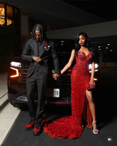 Sexy Special Occasion Dress Mermaid Sweetheart Red Prom Dresses With Split Beads Party Dress Long Evening Dresses AB2113