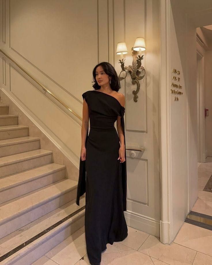 Women's Cocktail Party Gowns Mermaid One Shoulder With Pleated Ruched Black Long Graduation Dinner Outfits Prom Dresses AB1877