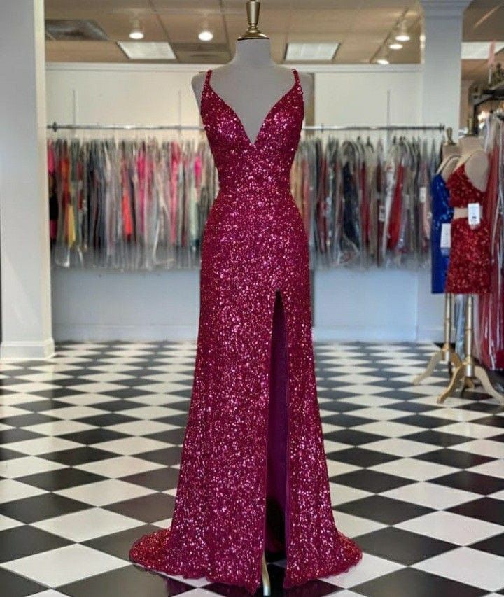 Sparkly Mermaid Spaghetti Strap Fuchsia Sequin With Split Long Formal Dress Gown Party Prom Dresses N2396
