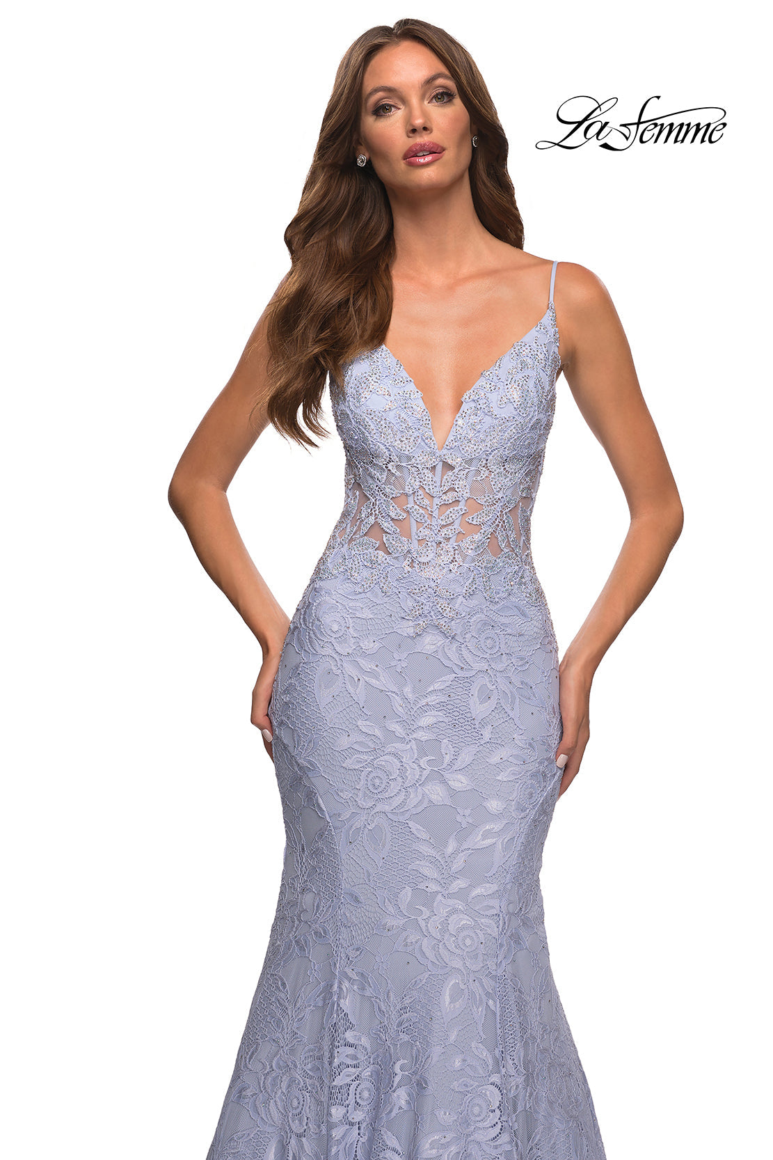La Femme Sheer-Waist Long Lace Mermaid Prom Dress