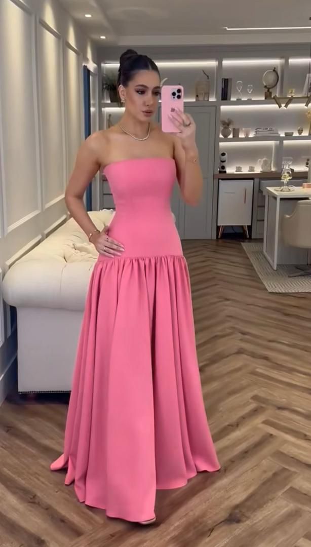 Chic A Line Strapless Pink Satin Pleated Sleeveless Long Party Formal Women Prom Dresses AB1885