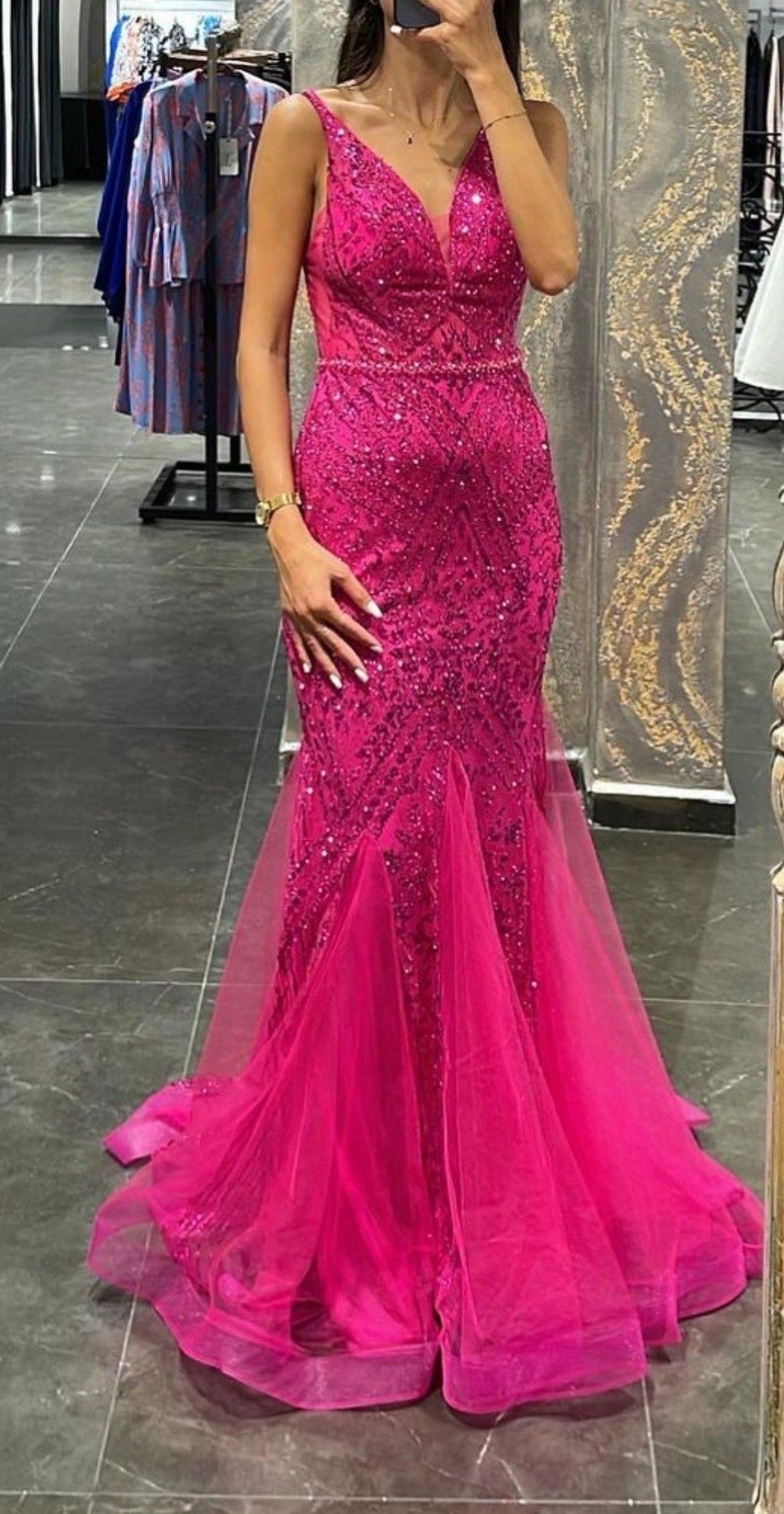 Stunning Mermaid V Neck Hot Pink Baddie Tulle With Beaded Formal Dance Evening Party Gowns AB1778