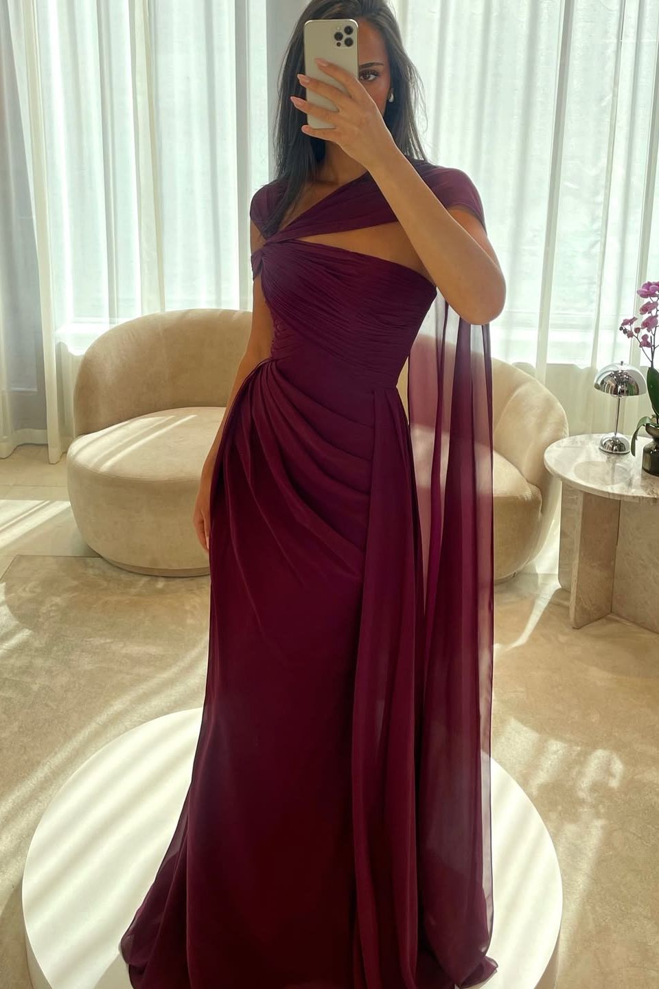 Cabernet Chiffon Long Prom Evening Dresses With Split Ruffles Pleats Online AB1861