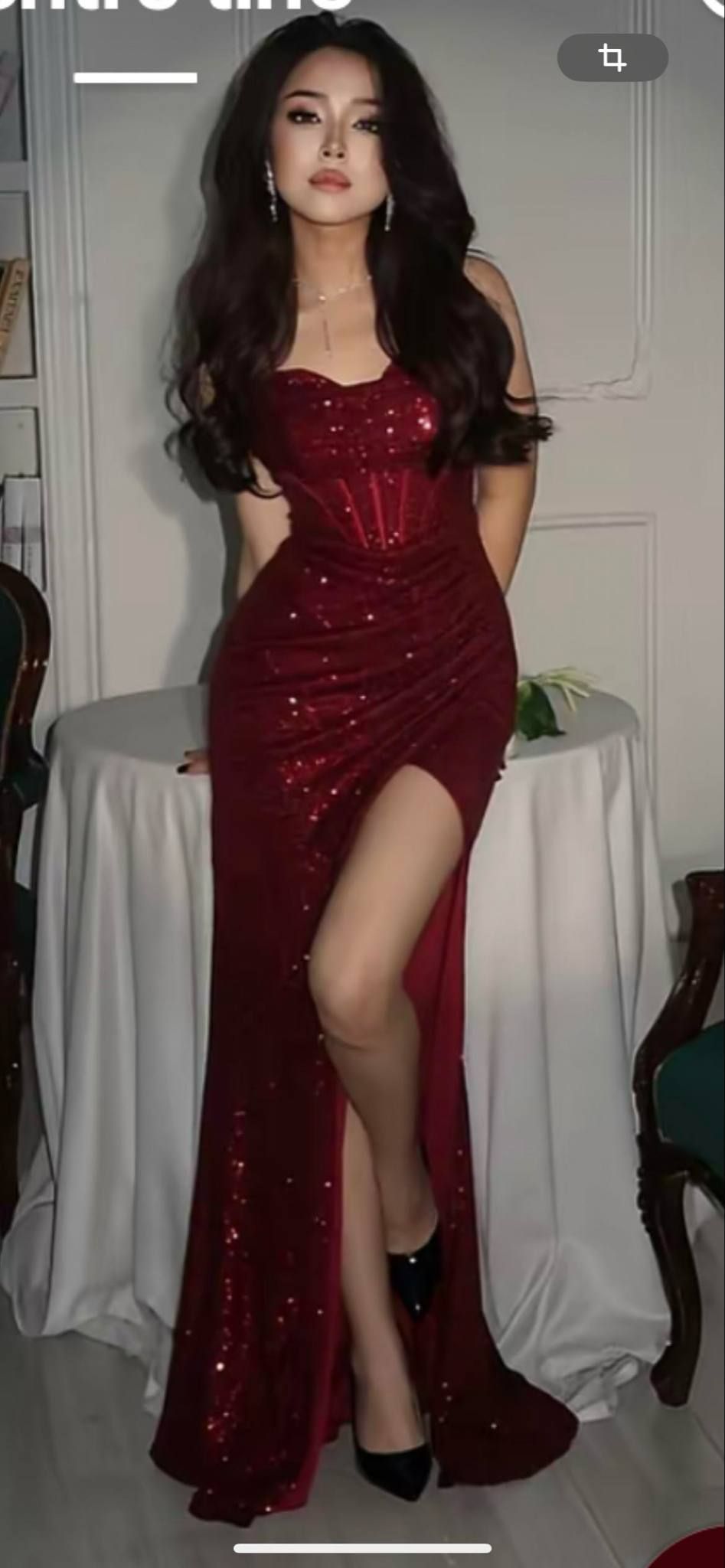 Strapless Sleeveless Beaded Burgundy Sequins Side Slit Mermaid Prom Dress N1773