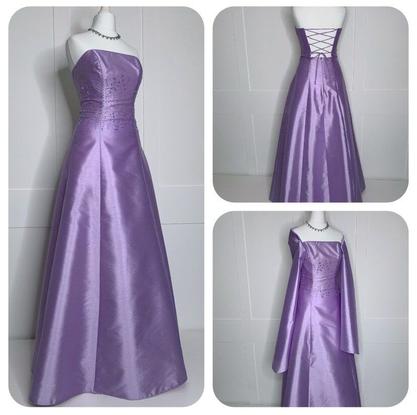 Simple A line Strapless Light Purple Satin With Cape Sleeveless Long Formal Dress Gown 21st Birthday Prom Dresses N2413