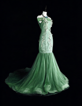 Vintage Mermaid Off The Shoulder Sage Green 70s Lace Long Prom Gown Party Wear Dresses N1836