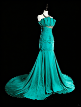 Vintage Mermaid Strapless Satin Green 70s With Pleated Beads Long Prom Gown Party Wear Dresses N1842