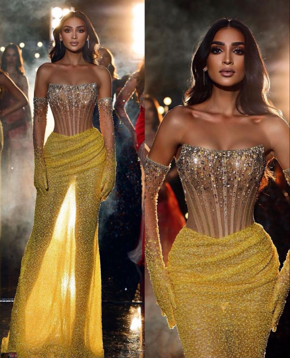Modest Senior Prom Dresses High Schools Inspiration Mermaid Strapless Yellow Slit For Black Girls Semi Formal Grad Long Prom Dress For Teens AB2006