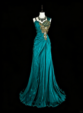 Vintage Mermaid Green 70s With Pleated Gold Beads Long Prom Gown Party Wear Dresses N1837