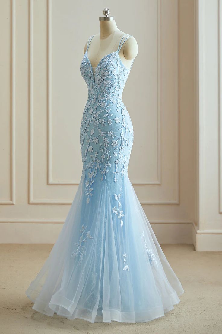 Elegant Slimming Sky Blue Tulle Prom Dress Long Floor-length Party Dresses Online AB1685