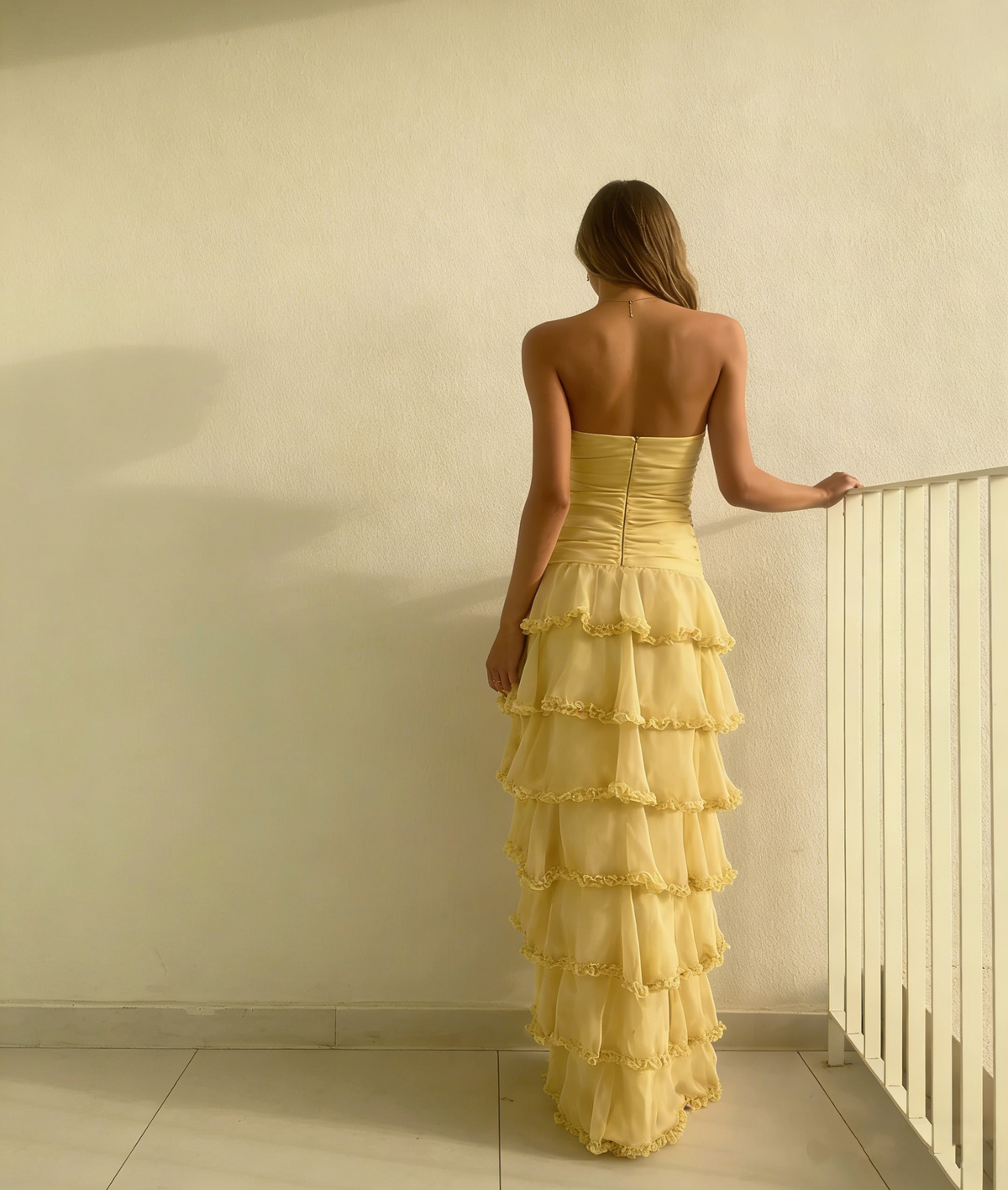 Modest Sheath Strapless Yellow Chiffon Long Prom Dresses Party Dress 20th Birthday Outfits Graduation Dress N1615
