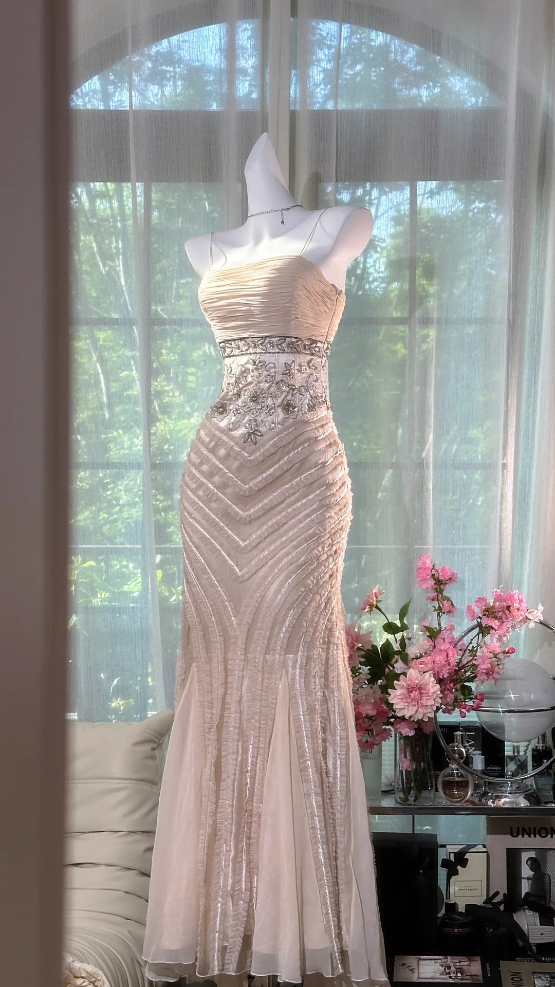Modest Prom Dresses Mermaid Spaghetti Strap Pink Chiffon With Beading Sleeveless Evening Outfits N3577