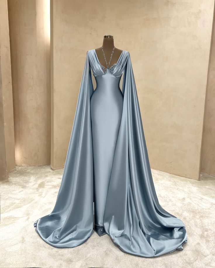 Elegant Mermaid Halter Light Sky Blue Satin With Beaded Long Formal Prom Evening Dress Dinner Outfits Party Gowns AB2077