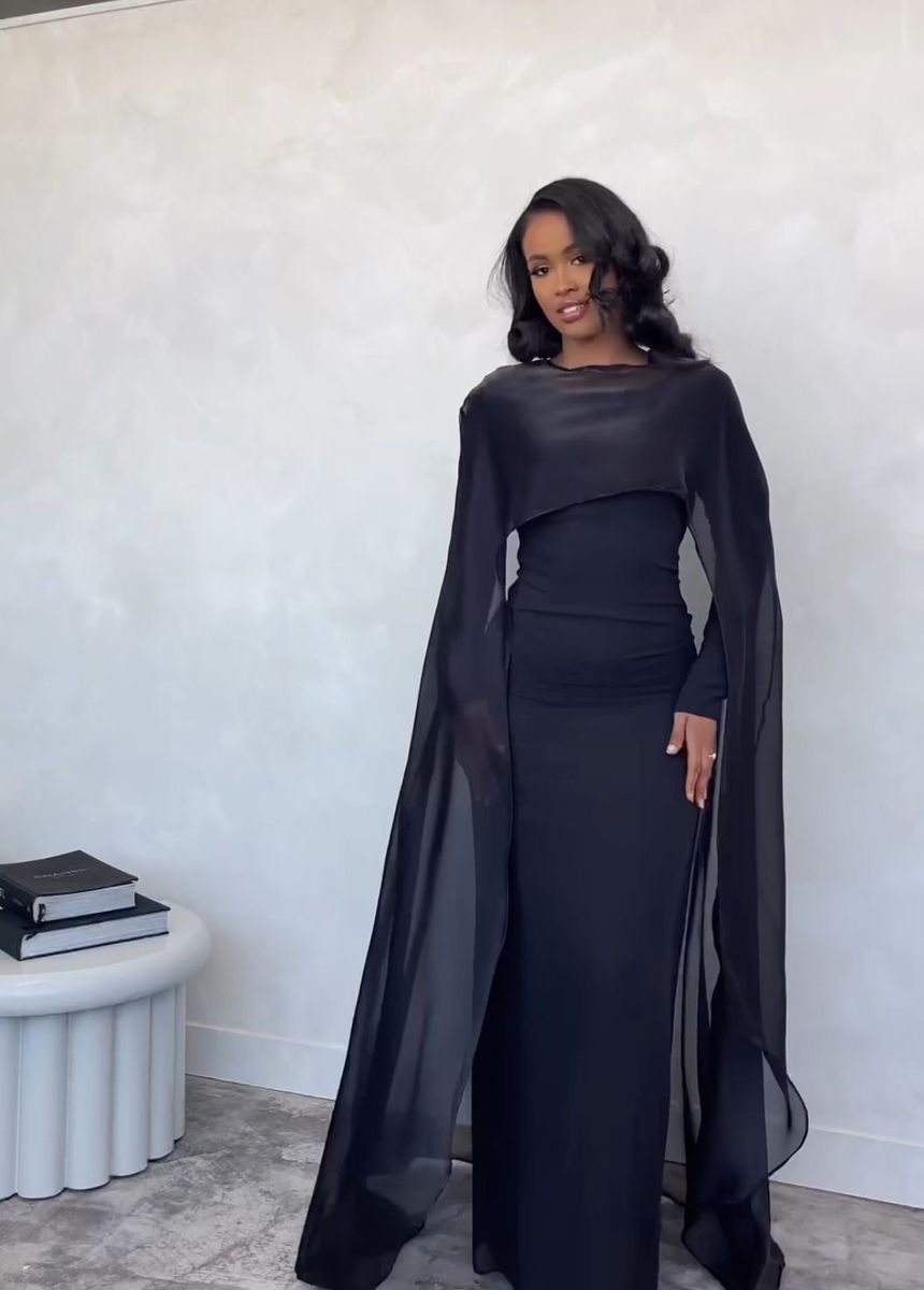 Women's Cocktail Party Gowns 90s Sheath Black Chiffon With Long Sleeves Cape Long Graduation Dinner Outfits Prom Dresses AB1870