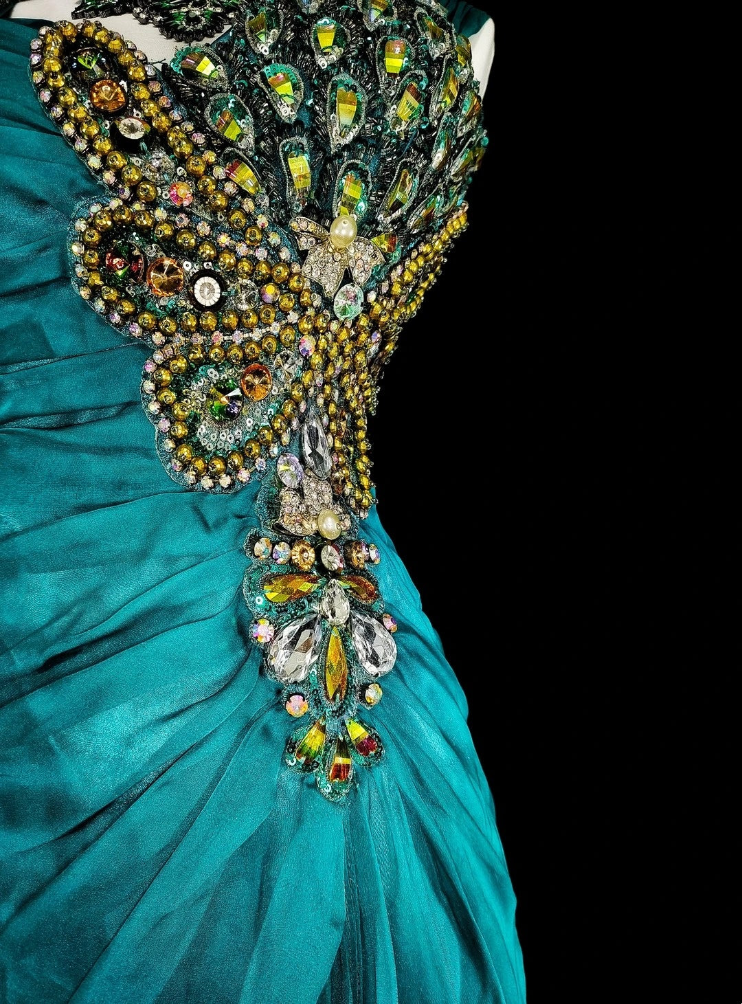 Vintage Mermaid Green 70s With Pleated Gold Beads Long Prom Gown Party Wear Dresses N1837