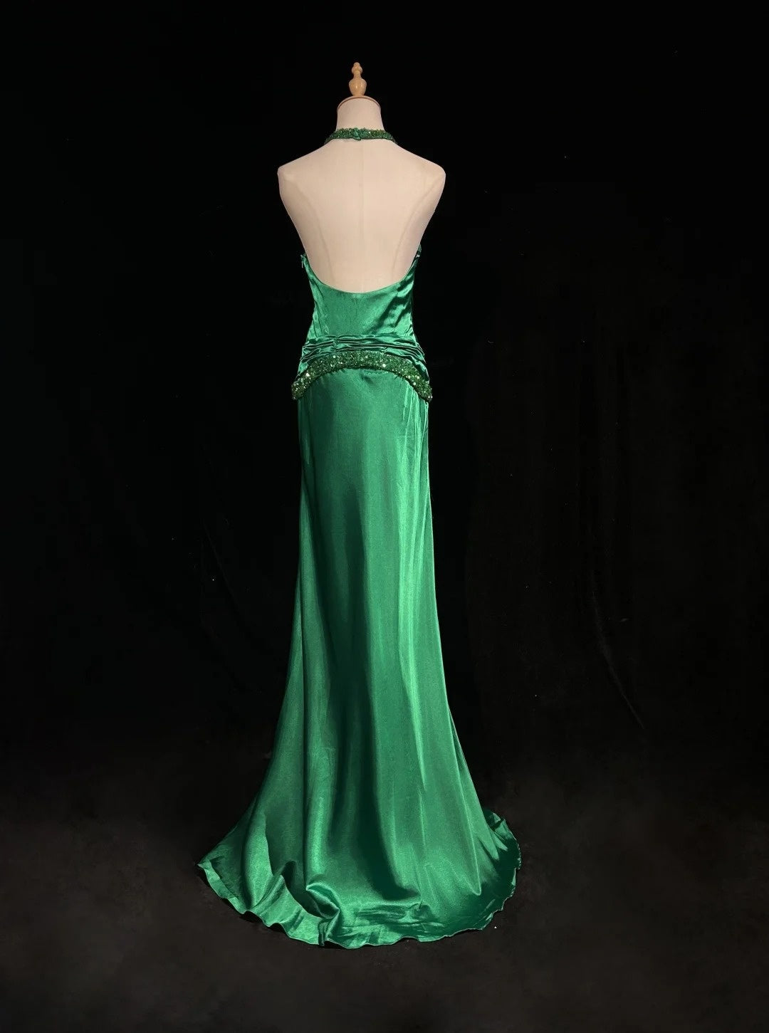 Vintage Prom Dresses A Line Halter Green Satin 80s With Beading Long Formal Evening Outfits N3904