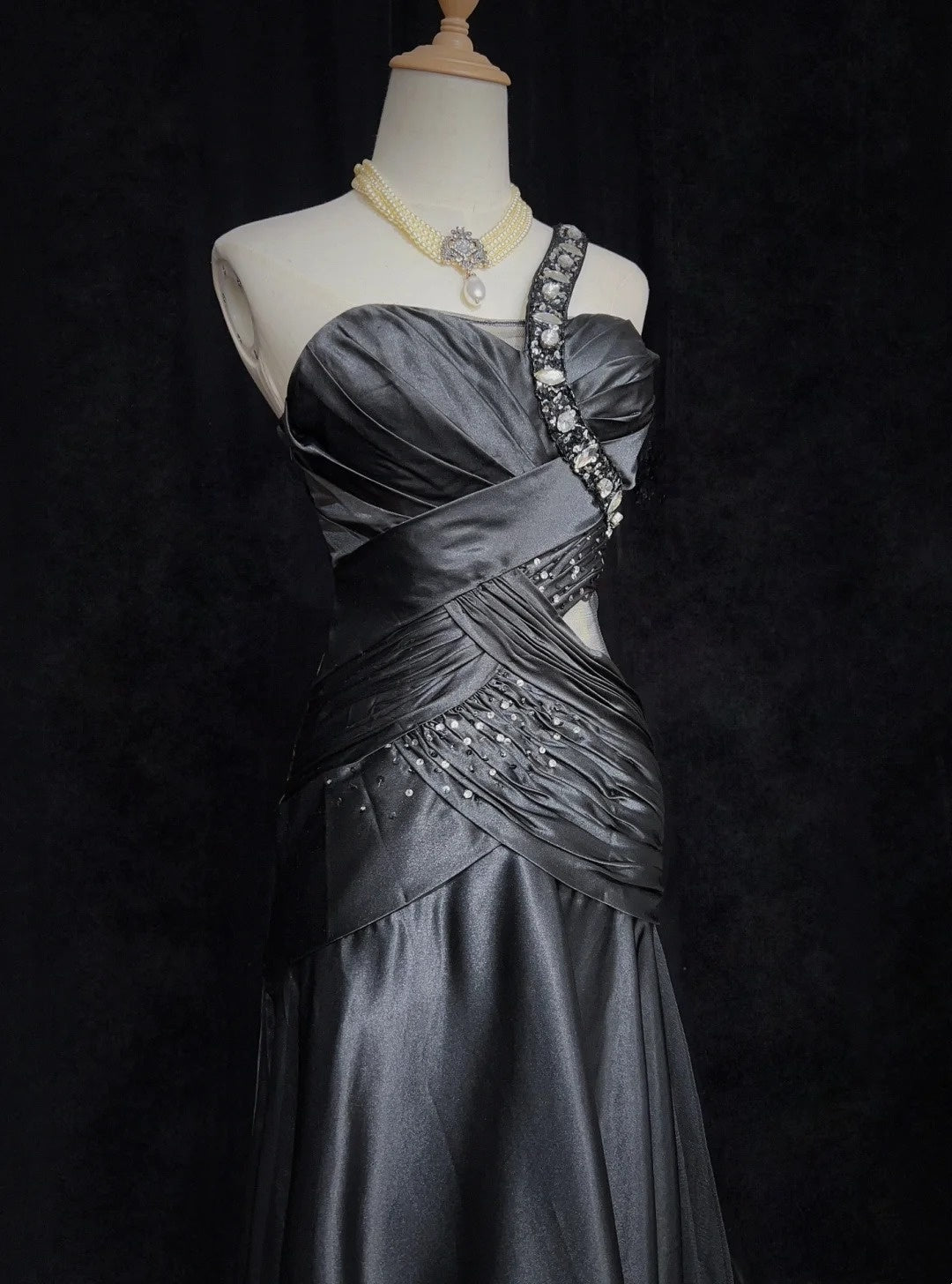 Vintage Prom Dresses 80s Mermaid One Shoulder Black Tie Dress With Beading Semi Formal Evening Outfits N3636
