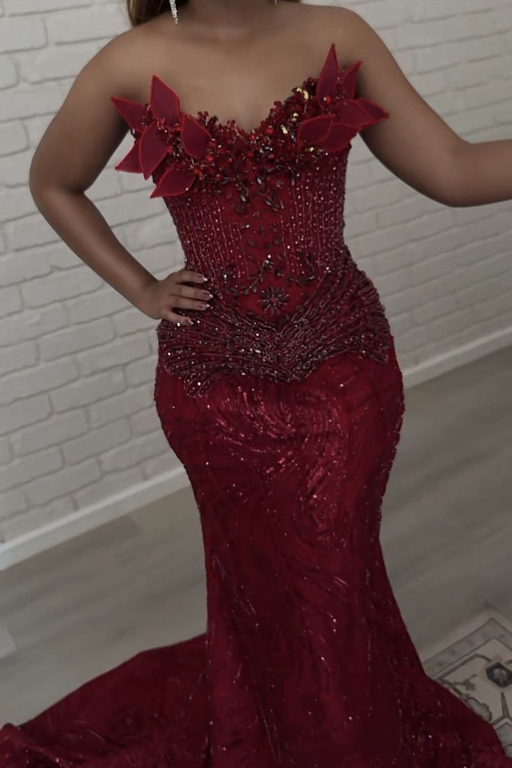 Elegant Mermaid Strapless Burgundy With Beadings Long Formal Prom Evening Dress Dinner Outfits Party Gowns AB2081