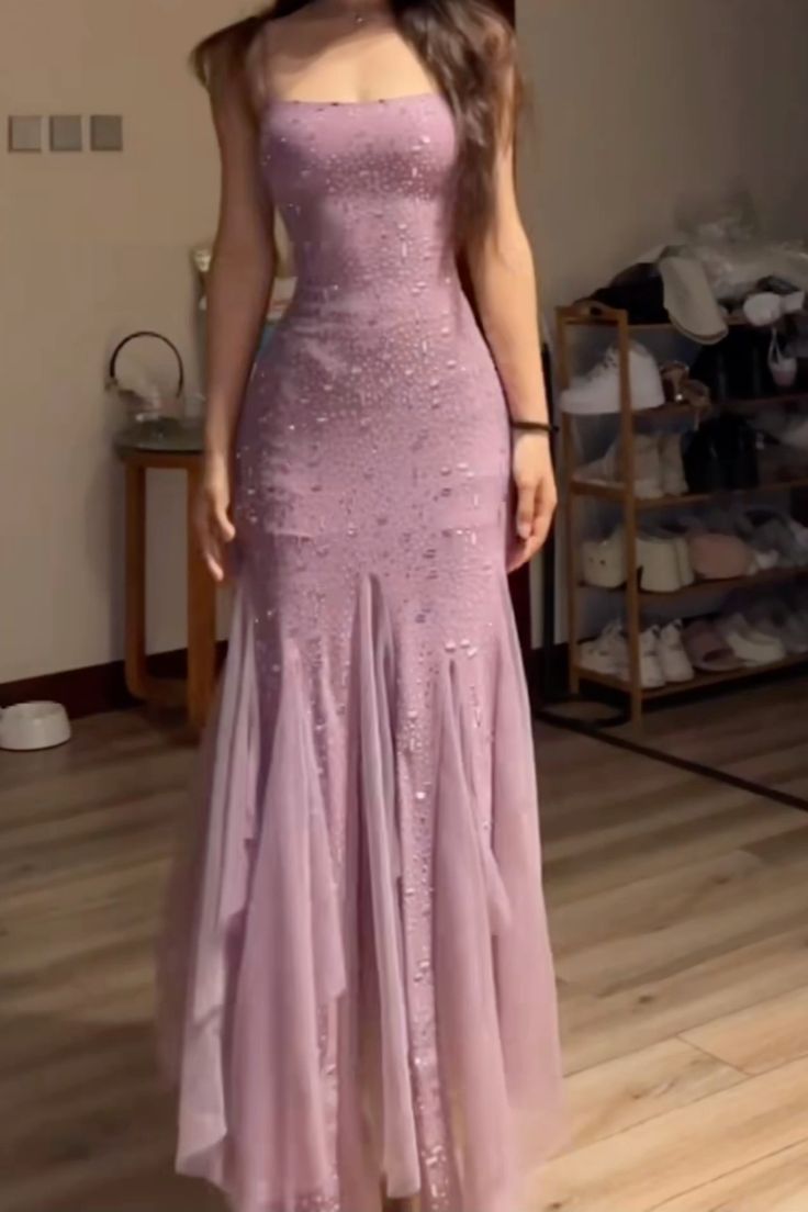Sexy Mermaid Lilac Spaghetti Strap Chiffon Beaded Formal Dress 21st Birthday Prom Dresses N2757