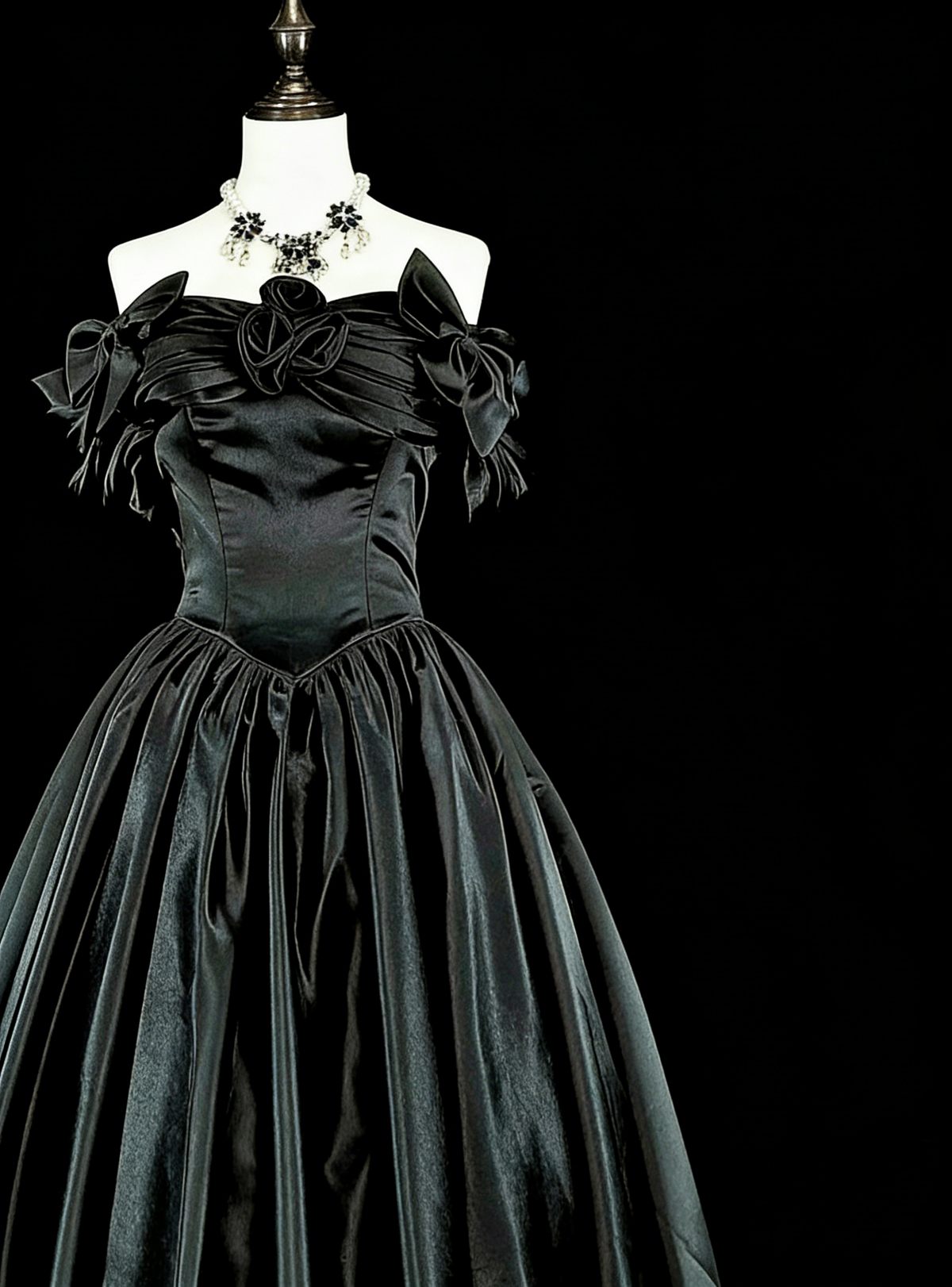 Modest Prom Dresses Ball Gown Off The Shoulder Black Satin Evening Long Quince Dress N3073