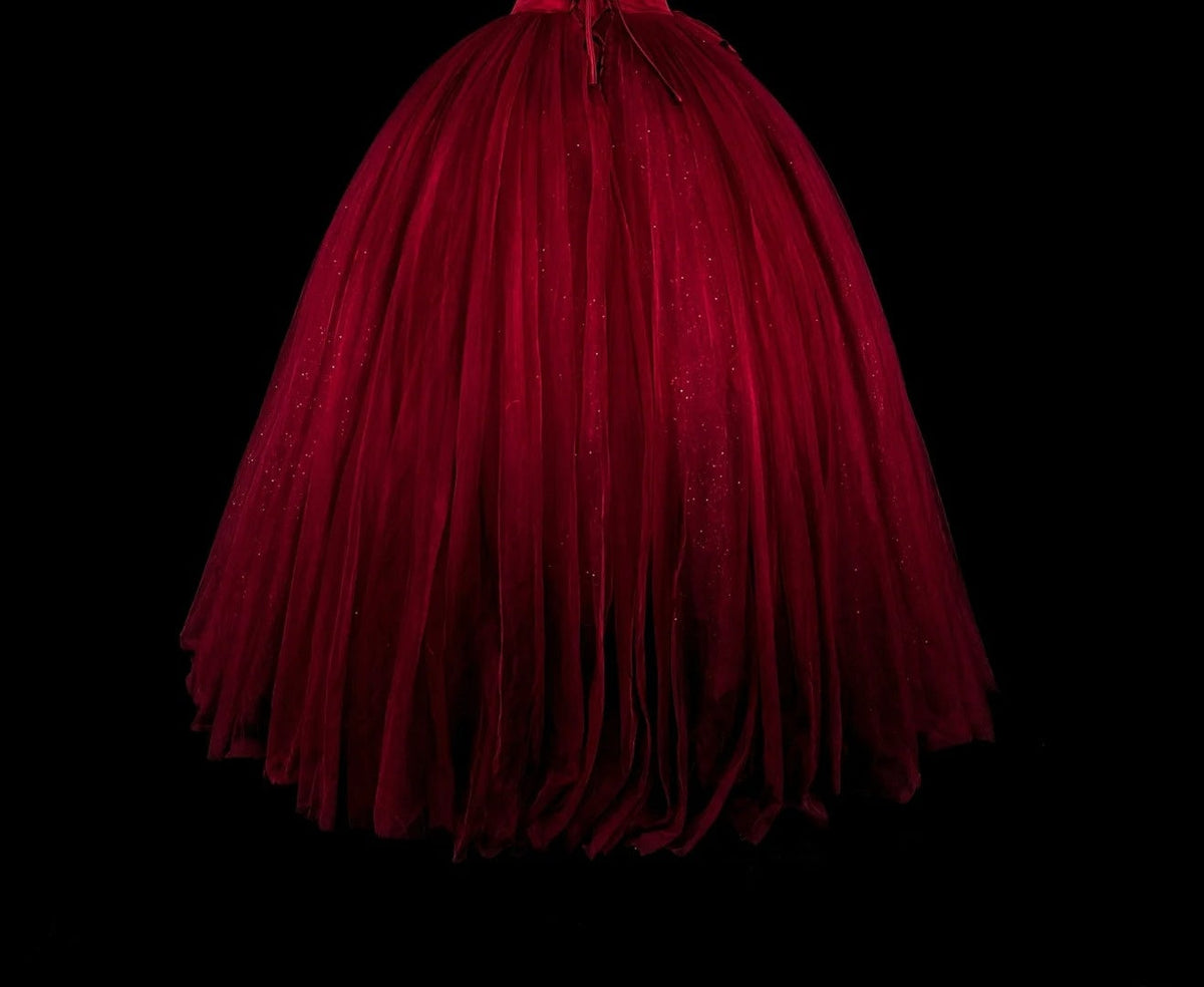 Modest Prom Dresses Ball Gown Square Neck Burgundy Tulle Long Quince Dress N3072