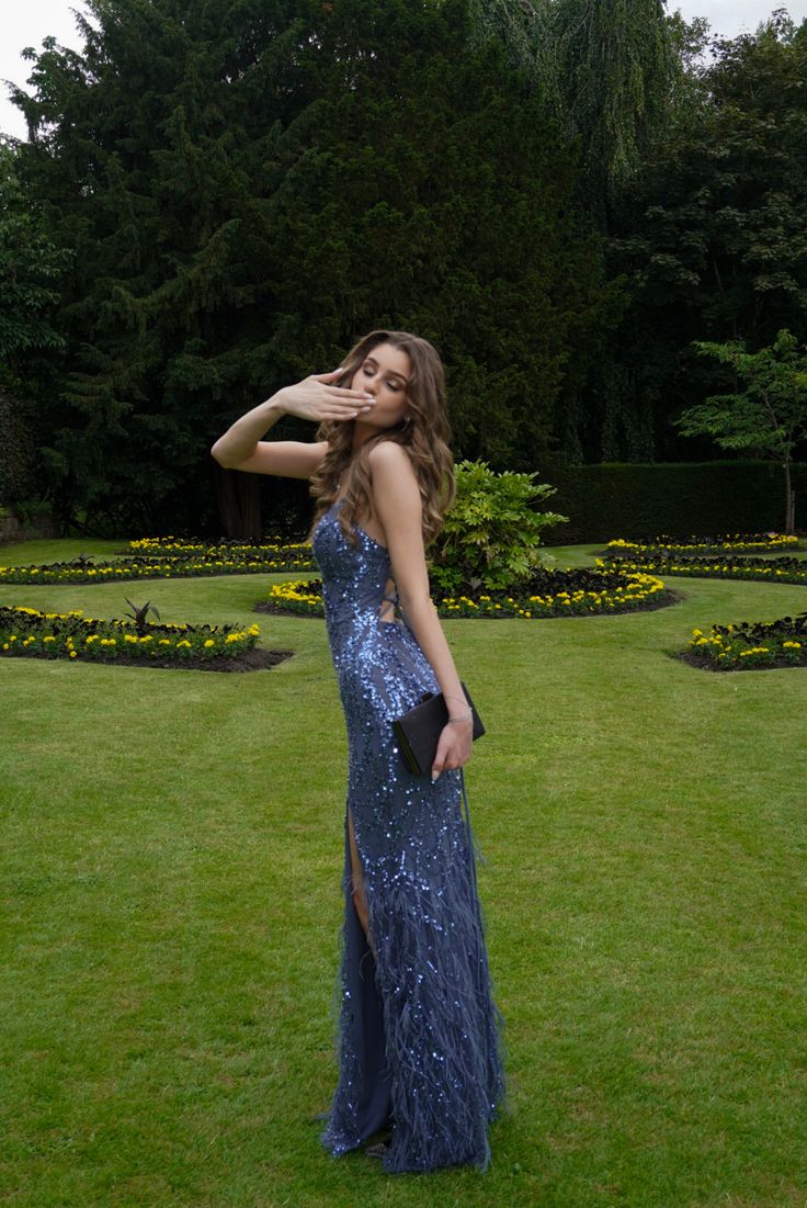 Spaghetti Straps Mermaid Blue Long Prom Dresses With High Split Women Sleeveless Party Dress AB1775