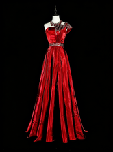 Vintage A Line One Shoulder Red With Beadings Long Prom Gown Party Wear Fashion Dresses N1825