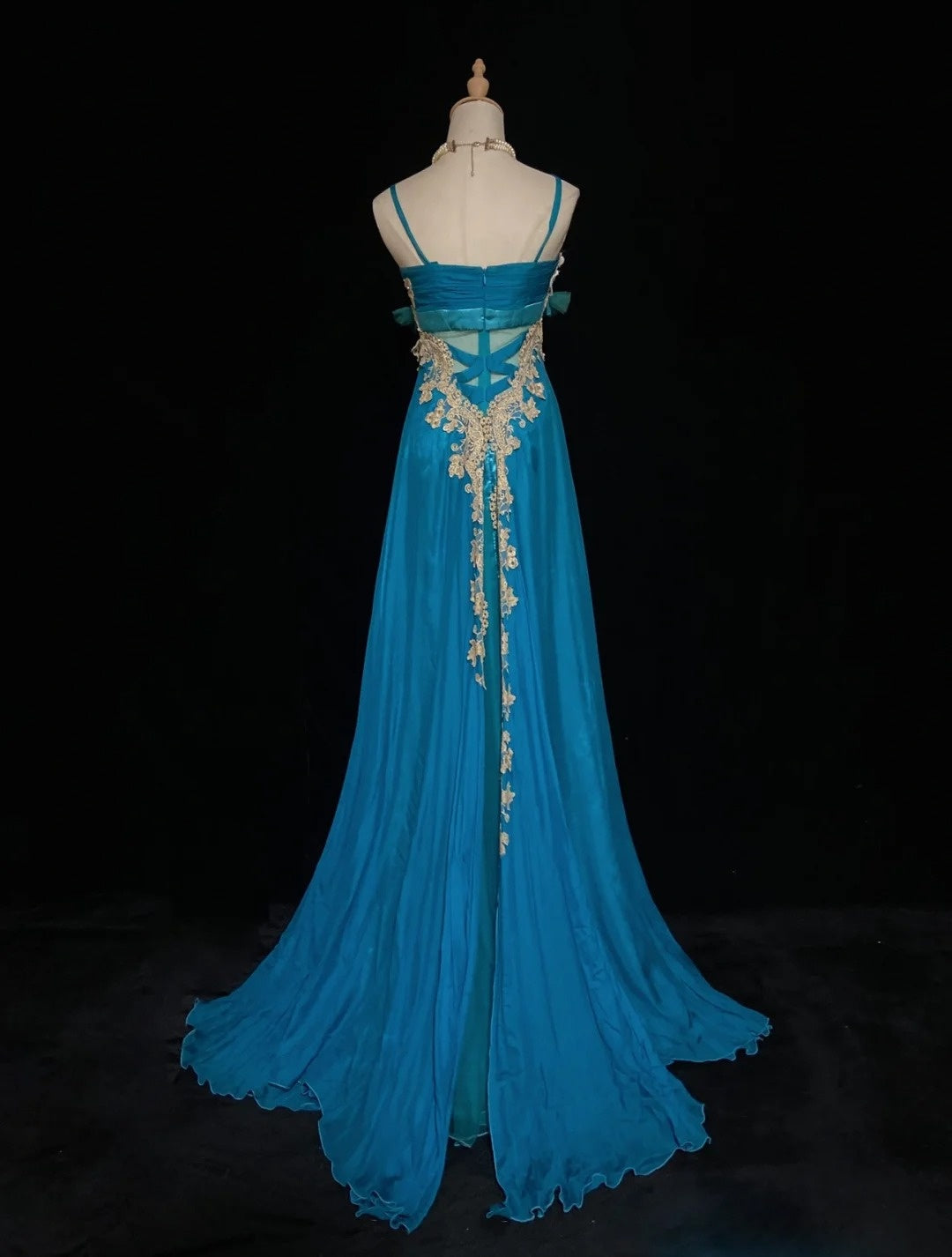Vintage Prom Dresses Spaghetti Strap A Line Blue Chiffon With Gold Lace Long Formal Evening Outfits N3864