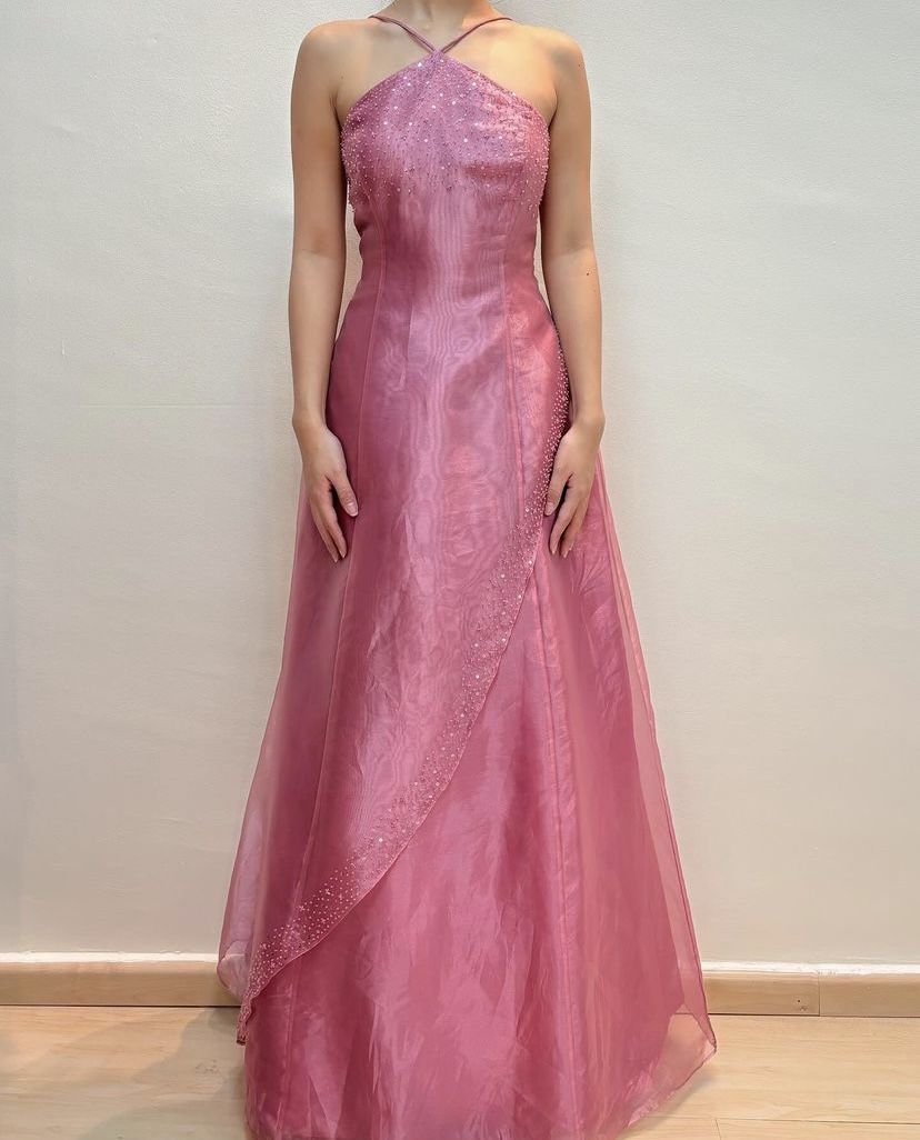 Vintage A line Halter Pink Long Formal Dress Gown Party Gowns Prom Dresses N2393